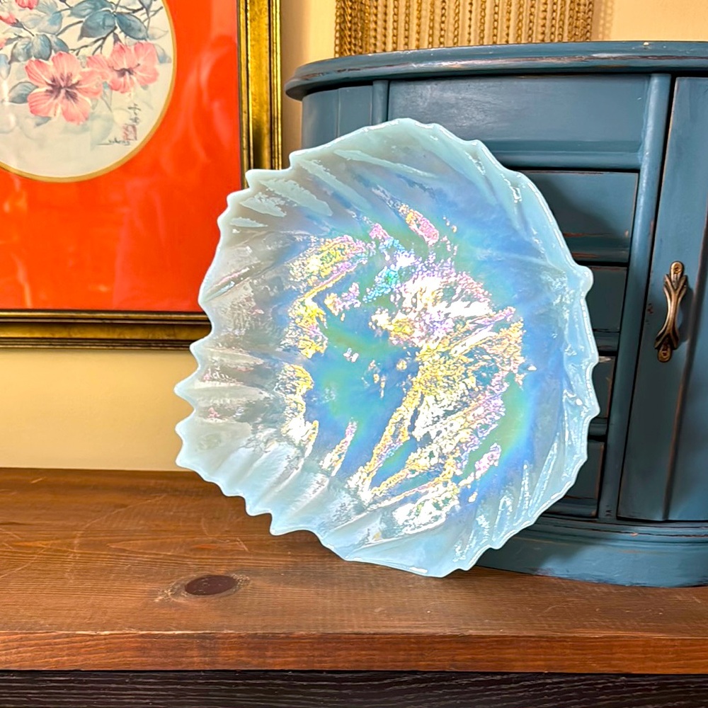 🍽️🩵🍁Iridescent Blue Decorative Glass leaf plate